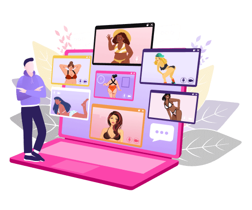 Мan standing on laptop with livecams on screen, animated image